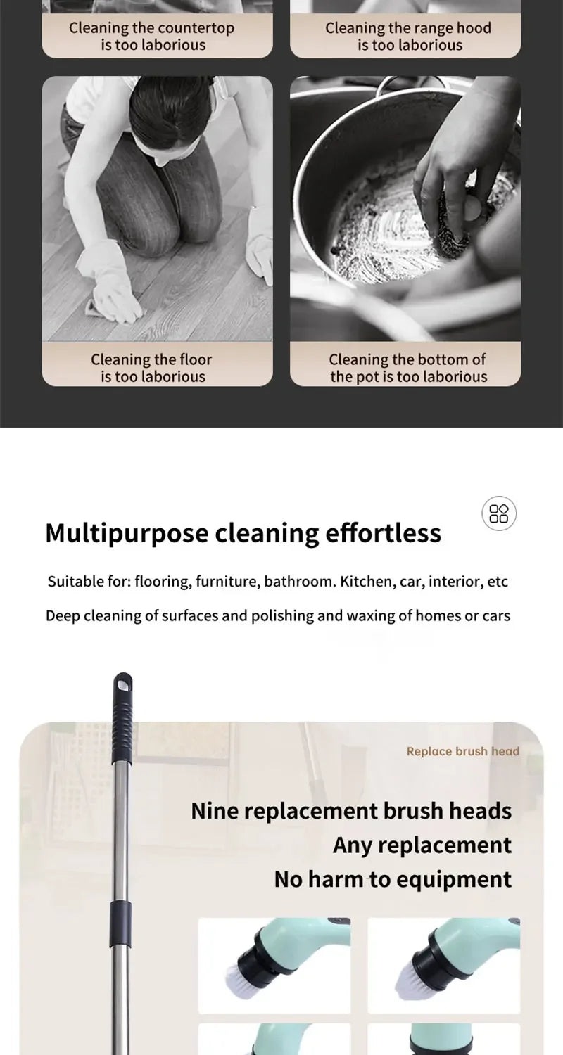 9-in-1 Electric Spin Scrubber Multifunctional Cleaning Brush Home Kitchen Bathroom Portable Cleaning Gadget